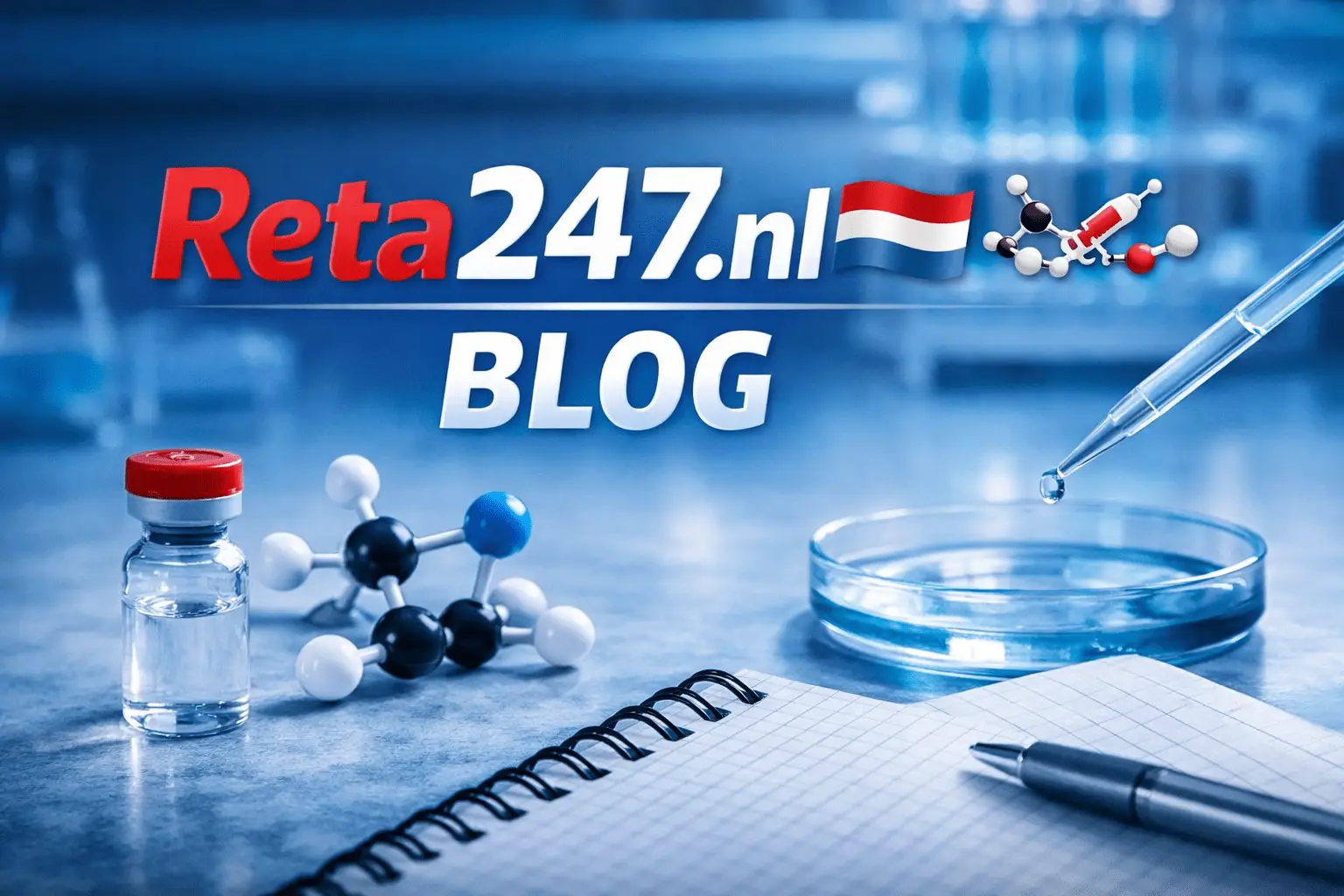 Blogpagina Reta247.nl met peptide vial, laboratoriumglaswerk en pipet voor wetenschappelijk onderzoek