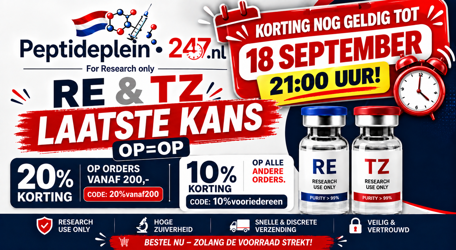 Promotional Dutch banner advertising RE & TZ research orders with discounts and a countdown clock (18 September 21:00 uur) and vials labeled RE and TZ.