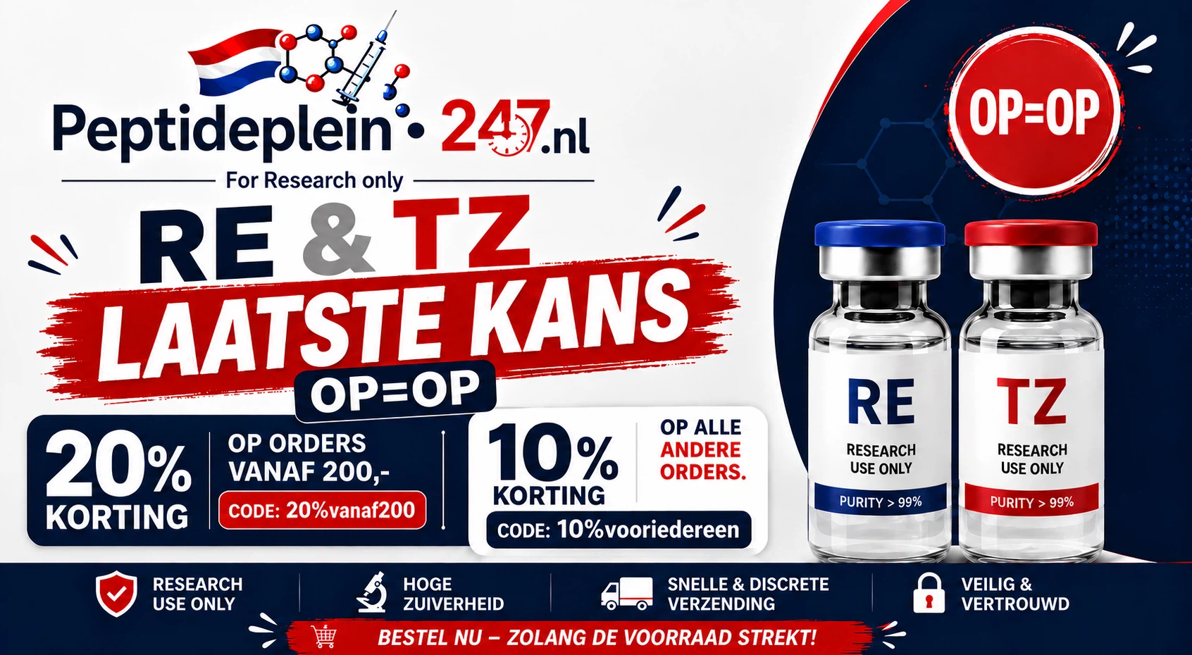 Promotional banner for Peptideplein RE & TZ with discounts: 20% korting and 10% korting offers; two vials labeled RE and TZ on the right.